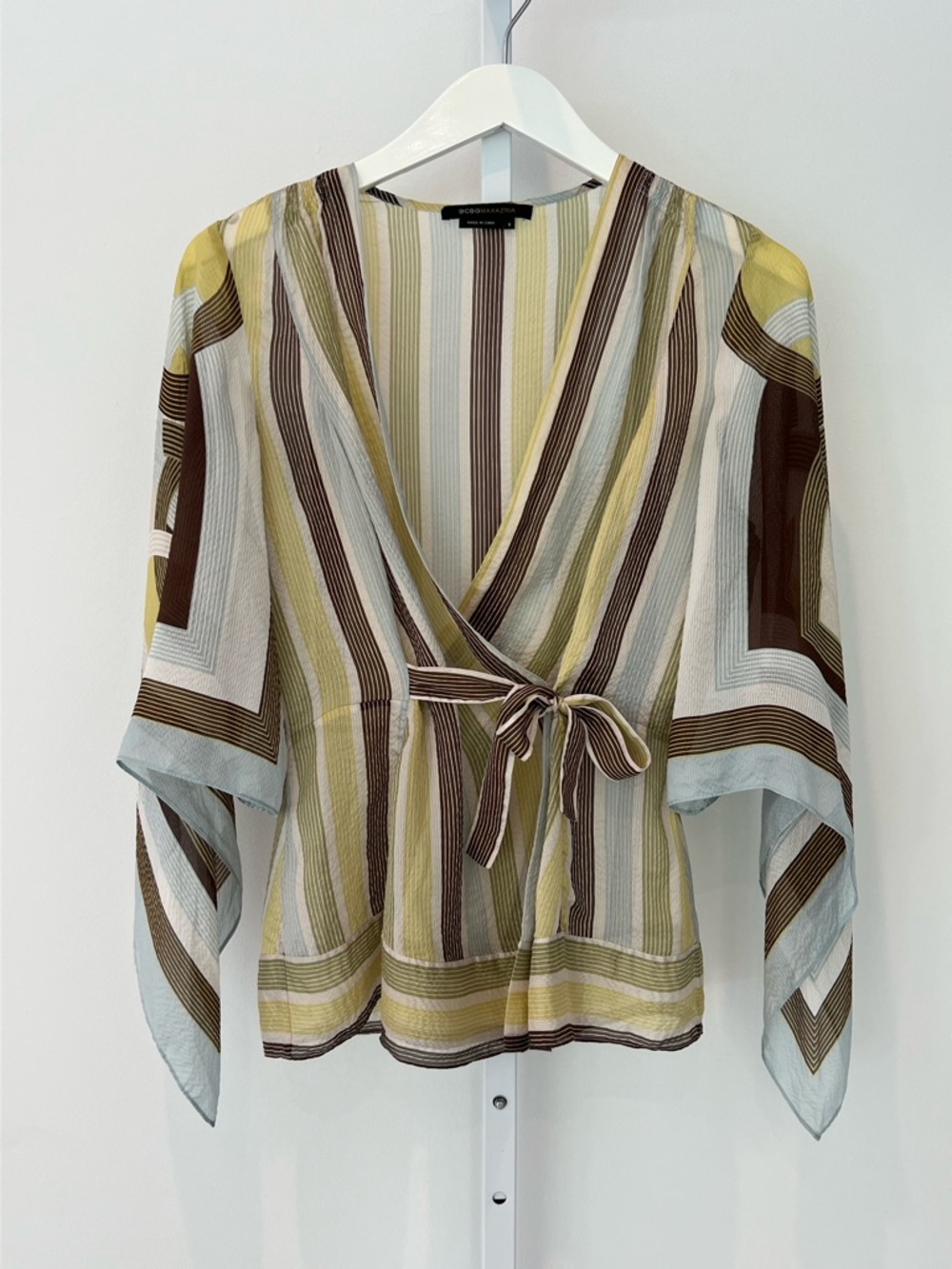 BCBG BLUE GREEN MULTI STRIPE SILK WRAP SCARF TOP SIZE SMALL